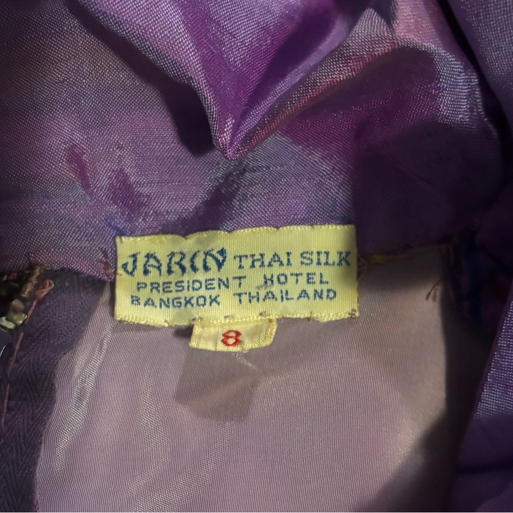 Vintage Jarin Thai Silk President Hotel Midi Dress Purple Blue Print Sz Small 8 - Picture 7 of 8